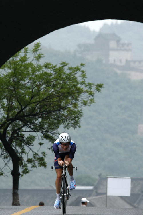 David Zabriskie, an Olympus High School graduate, competes in the Men's Individual Time Trial at the Juyong Pass along the Great Wall of China, Wednesday, August 13, 2008.  Zabriskie finished in 12th place with a time of 1:05:17.82.

Chris Detrick/The Salt Lake Tribune