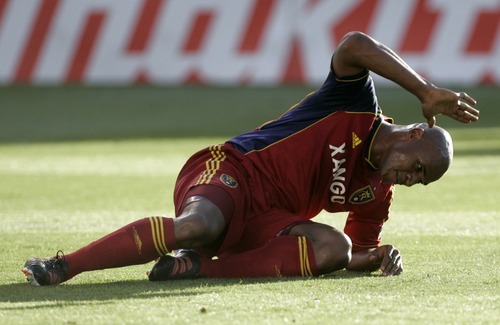 Kim Raff | The Salt Lake Tribune
Real Salt Lake player Jamison Olave reacts to missing a shot on goal during a corner kick against the Portland Timbers at Rio Tinto Stadium in Sandy, Utah on July 7, 2012.