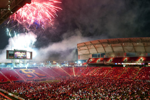 Michael Mangum  |  Special to the Tribune

Fans gather on the field to watch a fireworks display to celebrate the Fourth of July after the conclusion of the MLS match featuring Real Salt Lake and the Seattle Sounders at Rio Tinto Stadium in Sandy, UT on Wednesday, July 4, 2012. The game ended in a 0-0 draw.