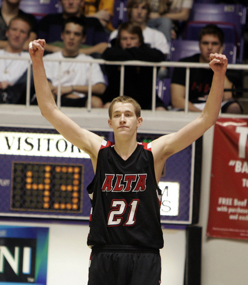 Jim Urquhart  |  The Salt Lake Tribune
Alta's Kyle Davis  raises his hands as time winds down during 5a boys high school championship basketball  Saturday, March 6 2010 at Dee Events Center on the campus of Weber State University in Ogden. Alta High School defeated Davis High School to claim the 5A title. 3/6/10