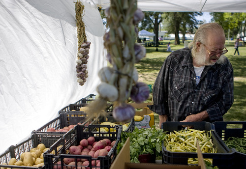 Kim Raff | The Salt Lake Tribune
Larry Siwik looks at the produce at Tere's farm booth at The People's Market, which began its seventh season July 8 with local produce, crafts and entertainment at the International Peace Gardens in Salt Lake City. The market will be open every Saturday from 10 a.m.-3 p.m.