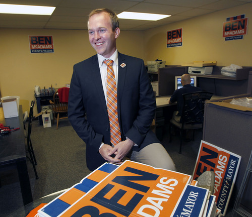 Al Hartmann  |  The Salt Lake Tribune  
Democrat candidate for Salt Lake County mayor Ben McAdams works in his campaign office at 1063 E. 3300 South. He has been sitting on the sidelines, waiting to find out whether he will be running against either Mark Crockett or Mike Winder.
