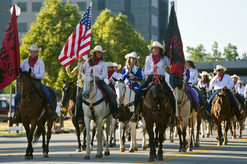 Chris Detrick  |  The Salt Lake Tribune
Members of the Pony Express Jr. Posse ride during the Days of '47 All-Horse Parade Tuesday July 10, 2012.