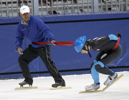 Al Hartmann  |  The Salt Lake Tribune
Derek Parra won the 1500-meter speedskating event in the 2002 Salt Lake Olympics. His post-Olympic life involves running training programs and skating instruction at the Olympic Speed Skating Oval in Kearns for the next generation of skaters.