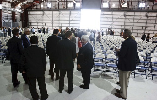 Leah Hogsten  |  The Salt Lake Tribune
Utah Rep. Rob Bishop, right, and other officials attend ceremony Thursday at Hill Air Force Base marking the restructuring at the Ogden Air Logistics Center. The new Ogden Air Logistics Complex is part of a major reorganization of the Air Force's Materiel Command, which is the service's biggest employer of civilians. The Air Force expects to save $109 million a year by reducing and consolidating overhead.