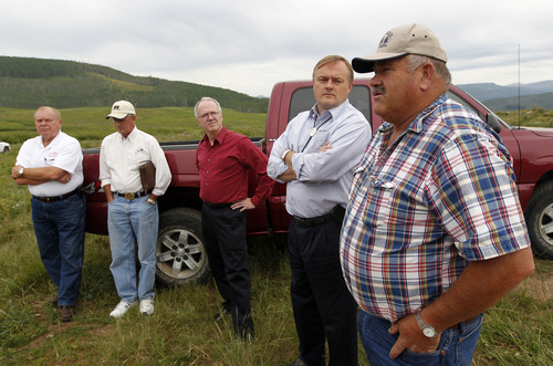 Al Hartmann  |  The Salt Lake Tribune	
John Blazzard, owner of Blazzard Lumber of Kamas, right, leads a tour with members of the Utah Farm Bureau and local officials to the Soapstone Basin area of the Uinta Mountains to show dead and dying Englemann spruce forests. He believes that logging and other management could have prevented some of Utah's wildfires.