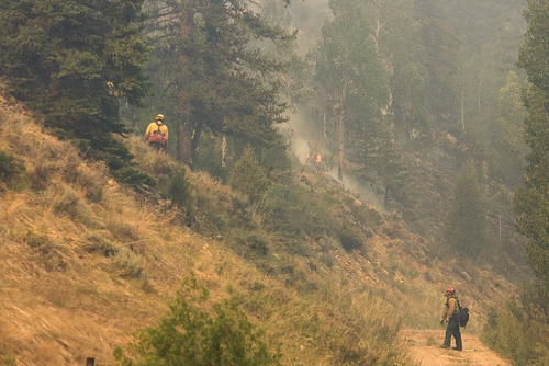 Paul Fraughton  |  The Salt Lake Tribune
Firefighters work near the historic Stuart Guard Station  in Huntington Canyon Wednesday, June 27, 2012, as the Seeley fire continues to burn in the Manti-La Sal National Forest.