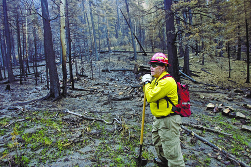 Kim Raff | The Salt Lake Tribune
Brian McInerney, a hydrologist for the National Weather Service and member of the Burned Area Emergency Response, gives a recent tour of a Seeley Fire-devastated area that is a concern for debris slides.