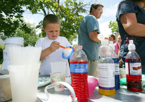 Steve Griffin | The Salt Lake Tribune


 Jack Stevenson, 7,  sells snow cones, with the help of his family and friends, in front of his house in Sunset, Utah Thursday July 19, 2012.  He is raising money for the Clinton CIty K-9 Unit.