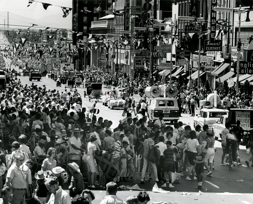 People flood into the street following the 1964 Days of '47 parade in Salt Lake City.