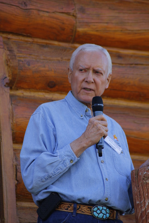 Sen. Orrin Hatch speaks at the Rocky Mountain Conservatives barbecue held at Greg Peterson's cabin near Heber on July 1, 2011.