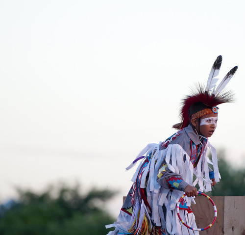 Michael Mangum  |  Special to the Tribune

A member of the Heritage Park Native Dancers group performs during Merrill Osmond's Youth Pioneer Pageant in West Jordan on Monday, July 23, 2012.