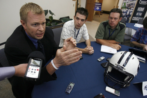 Francisco Kjolseth  |  Tribune file photo
BYU holds its football media day in June as coach Bronco Mendenhall speaks with the media during a round table a good six weeks before the start of training camp at the new BYU broadcasting building on campus.
