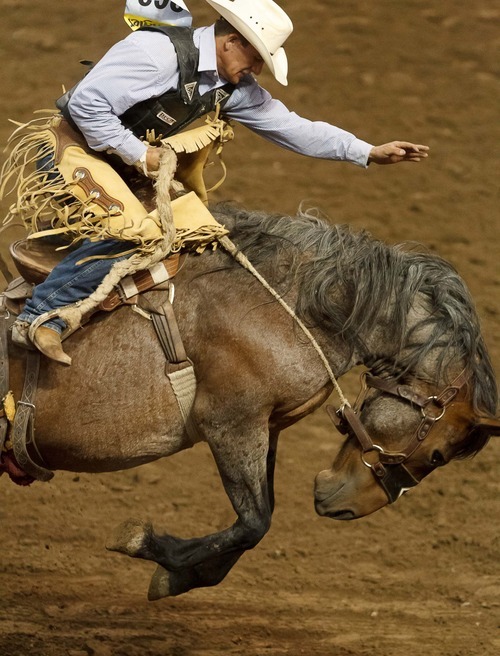 Trent Nelson  |  The Salt Lake Tribune
Charlie Kogianes competes in the Saddle Bronc competition at the Days of '47 Rodeo at the Maverik Center in West Valley City, Utah on Tuesday, July 24, 2012.
