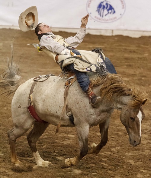 Trent Nelson  |  The Salt Lake Tribune
Austin Foss competes in the Bareback Riding competition at the Days of '47 Rodeo at the Maverik Center in West Valley City, Utah on Tuesday, July 24, 2012.