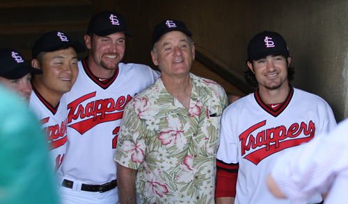 Lennie Mahler  |  The Salt Lake Tribune
Bill Murray poses for a picture with Bees players before the team faced the Sacramento River Cats at Spring Mobile Ballpark in Salt Lake City, Utah. Thursday, July 26, 2012.