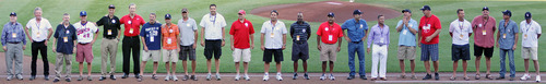 Lennie Mahler  |  The Salt Lake Tribune
In this composite image, the 1987 Salt Lake Trappers line up during a ceremony celebrating the anniversary of the season during which they set a record 29-straight win streak. The ceremony preceded a Salt Lake Bees game against Sacramento River Cats at Spring Mobile Ballpark, Thursday, July 27, 2012.