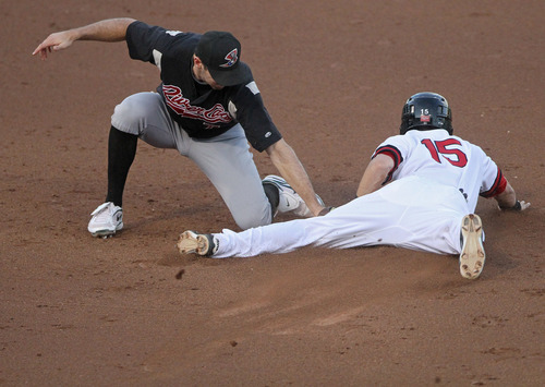 Lennie Mahler  |  The Salt Lake Tribune
Salt Lake Bees' Matt Long is tagged out stealing second base by Sacramento River Cats'  against the Sacramento River Cats at Spring Mobile Ballpark, Thursday, July 27, 2012.