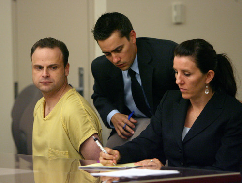 Steve Griffin | The Salt Lake Tribune
Republican activist and alleged serial date-rapist Gregory Peterson, left, sits with his attorneys Jerry Salcido and Cara Tangaro during a bail hearing in Judge Katherine Bernards-Goodman's courtroom at the Matheson Courthouse in Salt Lake City Wednesday July 25, 2012. Peterson, 37, of Orem, is accused of raping four women -- two of whom say they were taken to a Heber cabin where Peterson has hosted major political events.