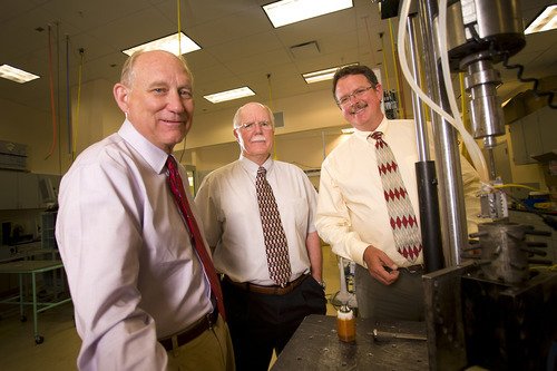 Kent Bachus, Roy Bloebaum and Peter Beck (left to right) are researchers at the University of Utah and George E. Wahlen Department of Veterans Affairs Medical Center. They are developing an implantable prosthetic device that was recently approved for a FDA feasibility study.
Courtesy Nathan Sweet  |  University of Utah