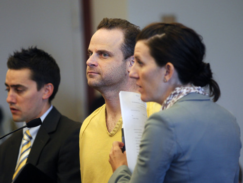 Al Hartmann  |  The Salt Lake Tribune  
Greg Peterson appears in Judge Judith Atherton's 3rd District Court in Salt Lake City Friday July 27 to schedule a preliminary hearing with lawyers Gerald Salcido, left, and Cara Tangaro, right.