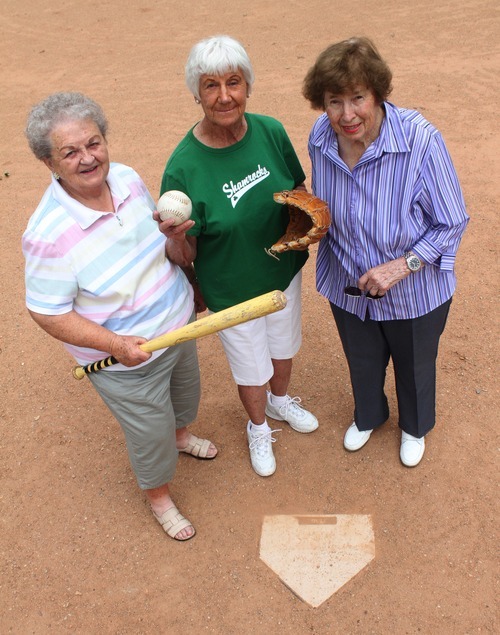 Rick Egan  | The Salt Lake Tribune 

Lou Jean Nelson, Donna Poll, and Jean Dallinga are all ball players from the historic Utah Shamrocks fast-pitch softball team. Monday, July 23, 2012.