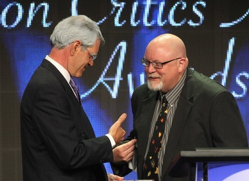 BEVERLY HILLS, CA - JULY 28:  Jeff Peters (L) accepts Career Achievement Award on behalf of Honoree David Letterman from TCA Vice President Scott Pierce of The Salt Lake Tribune onstage during the 28th Annual Television Critics Association Awards at The Beverly Hilton Hotel on July 28, 2012 in Beverly Hills, California.  (Photo by Frederick M. Brown/Getty Images)