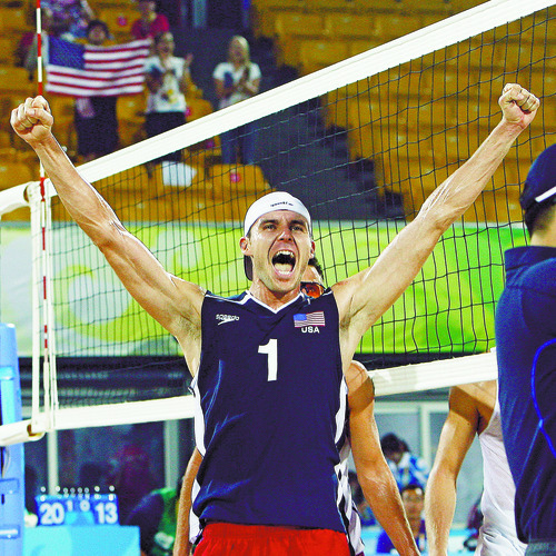 USA's Jake Gibb, a 32-year-old Bountiful native, celebrates after winning the match against Julius Brink and Christoph Dieckmann, of Germany, at the Chaoyang Park Beach Volleyball Ground in Beijing, Tuesday, August 12, 2008.  Gibb and Sean Rosenthal won the match 2-0 (21-15, 21-13).

Photo by Chris Detrick/The Salt Lake Tribune