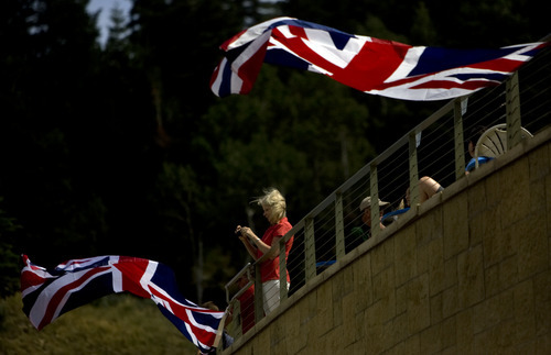 Kim Raff  |  The Salt Lake Tribune
A woman watches ski jumpers practice during the London Summer Olympics celebration at Utah Olympic Park in Park City, Utah on July 28, 2012.