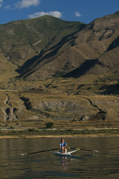 Chris Detrick  |  The Salt Lake Tribune
Great Salt Lake Rowing member Emily Gurr rows near the Great Salt Lake Marina Tuesday July 17, 2012.