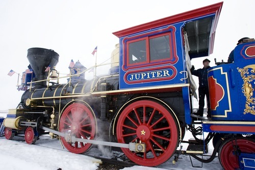 Tribune file photo
Locomotive engineer Richard Carroll prepares the Jupiter to run down the tracks at the Golden Spike National Historic Site at Promontory.