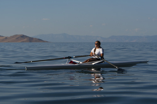 Chris Detrick  |  The Salt Lake Tribune
Great Salt Lake Rowing member Holly Simonsen, of Salt Lake City, rows near the Great Salt Lake Marina Tuesday July 17, 2012.