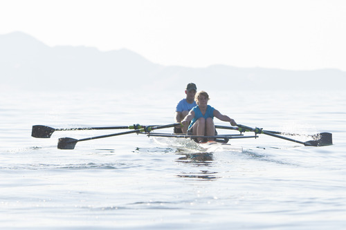 Chris Detrick  |  The Salt Lake Tribune
Great Salt Lake Rowing members Lucy Hansen and Rob Durham row near the Great Salt Lake Marina Tuesday July 17, 2012.