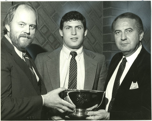 Tribune File Photo
Jim L. Buckley, regional manager for TVGuide, Steve Young, and Fred S. Ball. Young was awarded Sportsman of the Year, Jan. 26, 1984.