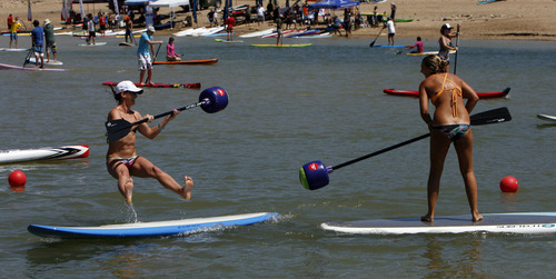 Francisco Kjolseth  |  The Salt Lake Tribune
Allison Riddle of Hermosa Beach, left, and Gemma Bark of Palos Verdes California battle it out on SUP boards in the 