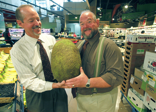 Al Hartmann  |  The Salt Lake Tribune	
Brothers Bob, left, and Randy Harmon, co-owners of Harmons Grocery Stores will be celebrating the chains 80th anniversary.  They still get a kick out of the grocery business.  Bob introduces brother Randy to a Jackfruit in the City Creek Center store.