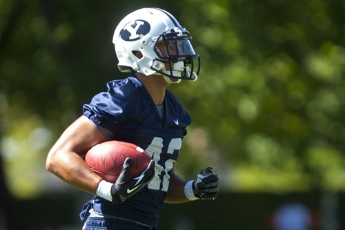 Chris Detrick  |  The Salt Lake Tribune
BYU's Michael Alisa runs the ball during a preseason practice at the BYU outdoor practice field Thursday August 2, 2012.