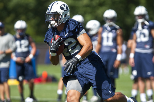 Chris Detrick  |  The Salt Lake Tribune
BYU's Michael Alisa runs the ball during a preseason practice at the BYU outdoor practice field Thursday August 2, 2012.