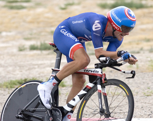Paul Fraughton | Salt Lake Tribune
David Zabriskie of team Garmin Sharp sporting  the Captain America  star on his helmet takes the lead position at  the team time trial at  the second stage of the Tour of Utah held at Miller Motorsports Park. Garmin Sharp won the stage giving teammate Christian Vandevelde  the yellow jersey.
 Wednesday, August 8, 2012