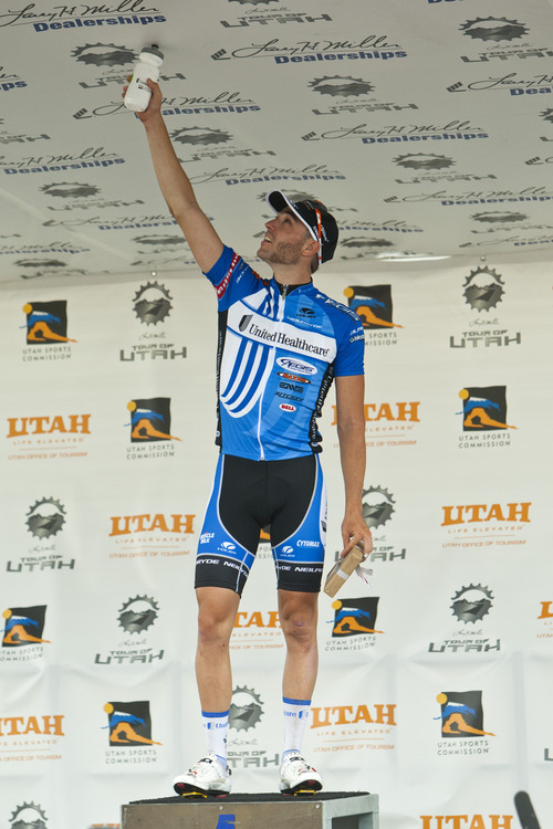Chris Detrick  |  The Salt Lake Tribune
Jacobe Keough, of UnitedHealthcare Pro Cycling Team, celebrates after winning the 136-mile Stage 4 that finished at EnergySolutions Arena on Friday.