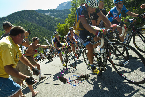 Chris Detrick  |  The Salt Lake Tribune
Fans cheer on bikers as they race up Little Cottonwood Canyon during Stage 5 of the Tour of Utah Saturday August 11, 2012. The 101.1 mile stage raced from Newpark Resort at Kimball Junction to Snowbird Resort.