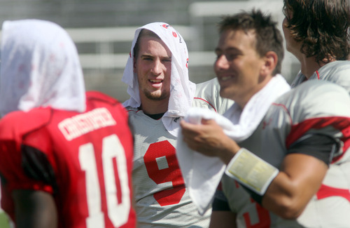 Steve Griffin | The Salt Lake Tribune


Utah quarterback Jon Hayes wears a wet towel on his head during a scrimmage Aug. 9, 2012.