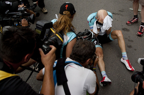 Jeremy Harmon  |  The Salt Lake Tribune

Winner Levi Leipheimer dries himself off with a towell at the finish line of Stage 6 of the Tour of Utah on Sunday, August 12, 2012.