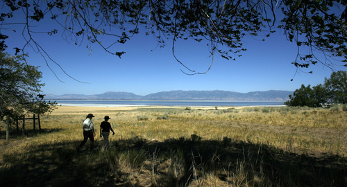 Francisco Kjolseth  |  The Salt Lake Tribune
Park ranger Ellen Labotka walks with Bonnie Mcfarlane of Ogden after visiting the mulberry grove on Antelope Island. Lebotka talkd about the many island resources on Antelope Island State Park and why and how they are cared for.