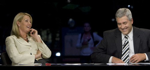 Steve Griffin  |  The Salt Lake Tribune
KUTV's Shauna Lake and Mark Koelbel laugh on set at the the KUTV studios in Salt Lake City in this file photo from August.