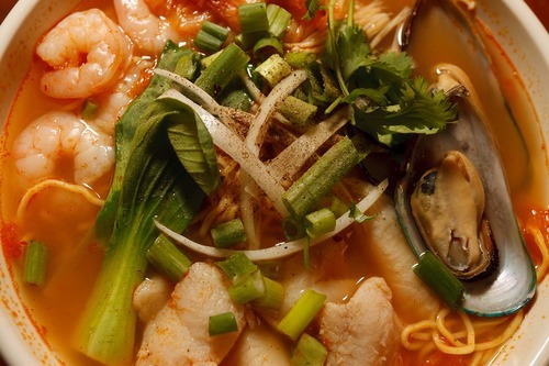 Trent Nelson  |  The Salt Lake Tribune
A seafood noodle bowl with spicy Korean style broth at the Saigon Hot Pot restaurant in West Valley City.
