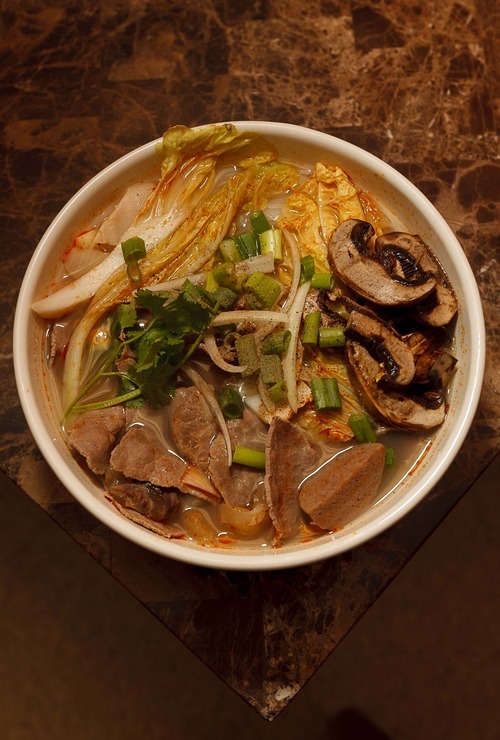 Trent Nelson  |  The Salt Lake Tribune
Noodles with beef tenderloin and vegetables at the Saigon Hot Pot restaurant in West Valley City.