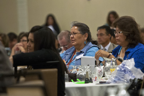 Chris Detrick  |  The Salt Lake Tribune
Attendees listen as Howard Rainer speaks during the 7th annual Native American summit at the Sheraton in Salt Lake City Tuesday August 14, 2012.  Rainer is a Taos Pueblo-Creek Indian from Taos Pueblo, New Mexico.