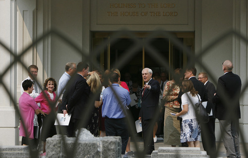 Francisco Kjolseth  |  The Salt Lake Tribune
Elder William R. Walker, center right, leads a tour of The Church of Jesus Christ of Latter-day Saints' 14th temple in Utah on Tuesday, August 14, 2012, after it was recently completed in Brigham City.