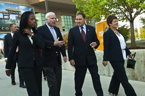 Chris Detrick  |  The Salt Lake Tribune
Mia Love, Sen. John McCain and Utah Governor Gary R. Herber talk during a rally for Mia Love at the Utah Cultural Celebration Center Thursday August 16, 2012.  John McCain spoke Thursday evening to a crowd of about 250 at a rally for the Love campaign, part of a swing through Western states by the 2008 Republican presidential nominee. Love is squaring off against Democratic Rep. Jim Matheson in the state's new 4th District Congressional District.